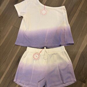 Umgee Off the Shoulder Waffle Knit Pamela Top and Shorts ~ Purple/White ~ Large